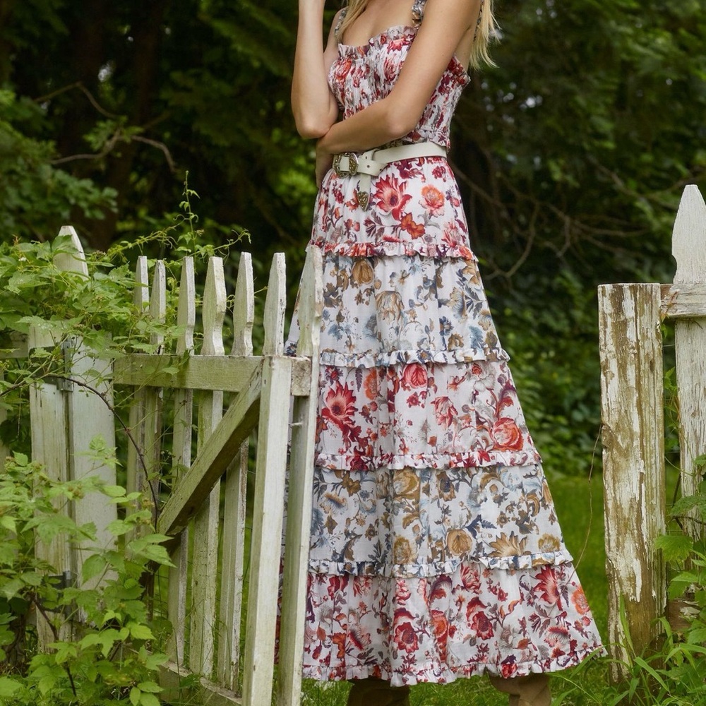Anthropologie Floral Tiered Maxi Dress - Red, Blue, Brown